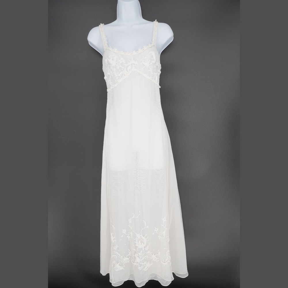 Flora Nikrooz Babydoll Tie Back Maxi Slip Gown S White Embroidered Mesh Fairy